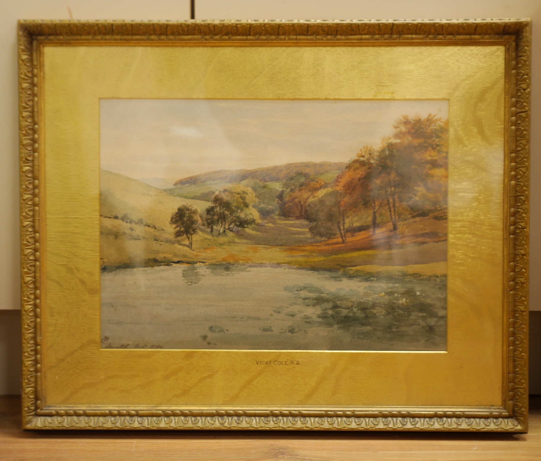 George Vicat Cole RA (1833-1893), watercolour, Lakeside landscape, monogrammed and dated 1869, 34 x 45cm, gilt frame. Condition - good